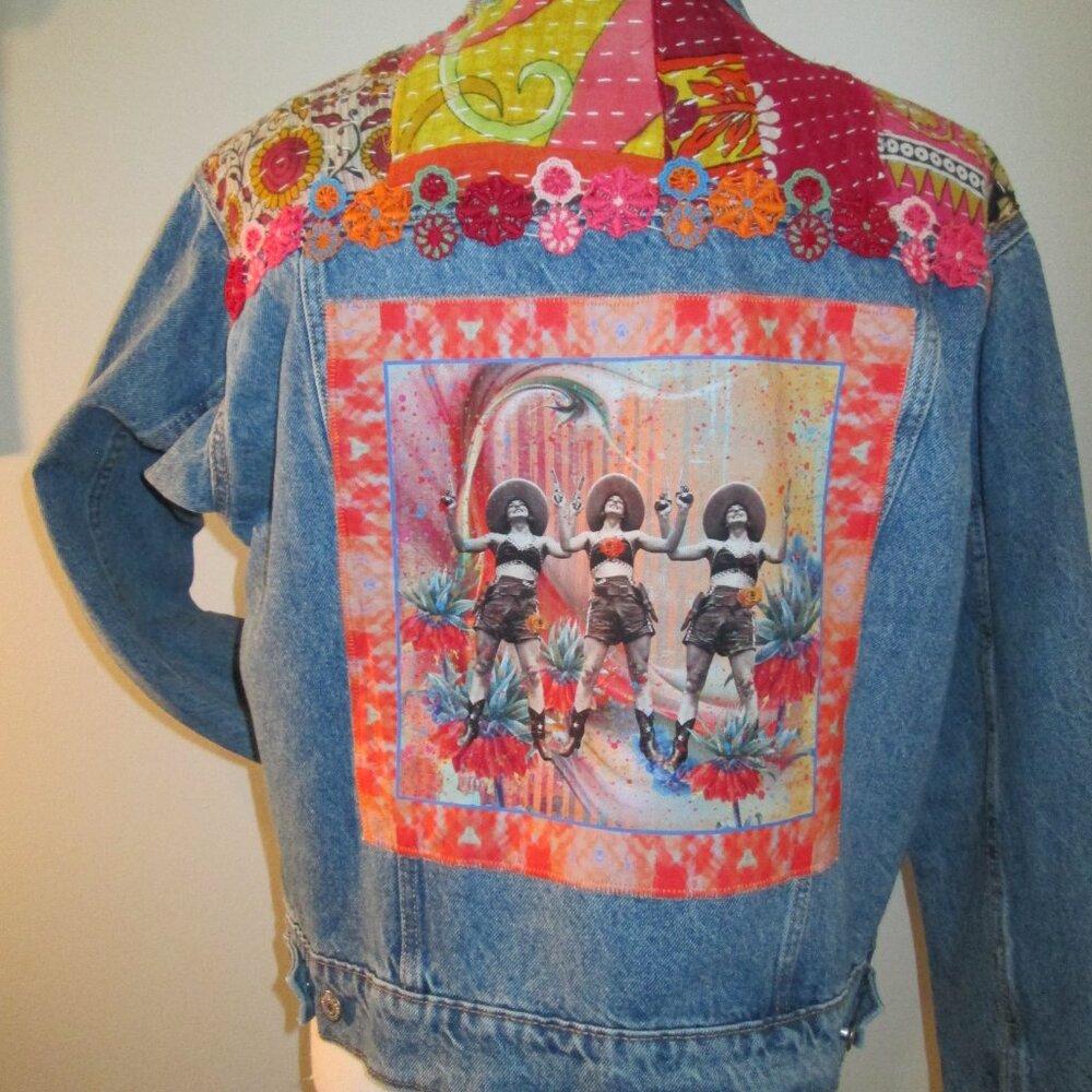 Boho Kantha Denim Jacket, Artisan Crafted Patchwork Distressed Jean Jacket M - Picture 7 of 10